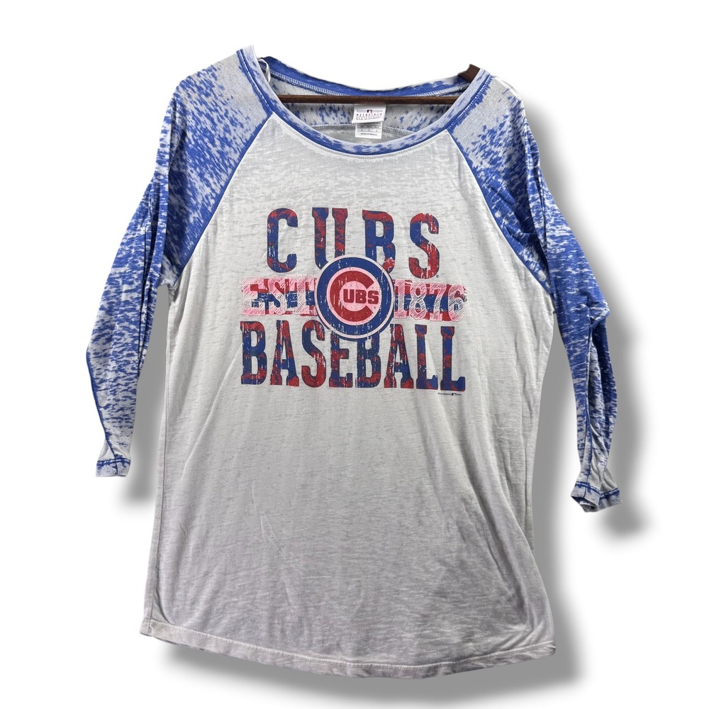MLB Chicago Cubs 5th & Ocean Womens Large Baseball Tee Raglan 3/4 Sleeve Burnout